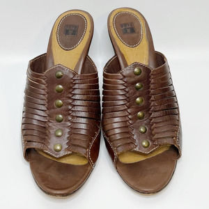 Frye Sz 11 Woven Studded Cognac Leather Mule Sandals Slip On